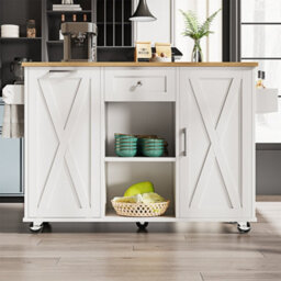 Abrihome Modern Kitchen Island With Built-In Bin Cabinet, Multifunctional Dining Table Storage, Extendable Serving Cart With Snack Shelves - thumbnail 3