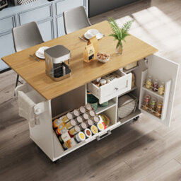 Abrihome Modern Kitchen Island With Built-In Bin Cabinet, Multifunctional Dining Table Storage, Extendable Serving Cart With Snack Shelves - thumbnail 2