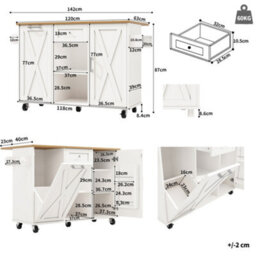 Abrihome Modern Kitchen Island With Built-In Bin Cabinet, Multifunctional Dining Table Storage, Extendable Serving Cart With Snack Shelves - thumbnail 4