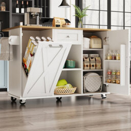 Abrihome Modern Kitchen Island With Built-In Bin Cabinet, Multifunctional Dining Table Storage, Extendable Serving Cart With Snack Shelves - thumbnail 1