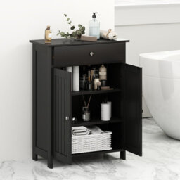Costway Bathroom Floor Cabinet Freestanding Storage Organizer W/2 Doors-Black - thumbnail 6