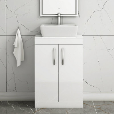 Royal Bathrooms 600mm Floor Standing Vanity Unit 2 Door Gloss White & Countertop Basin - Cube - image 1