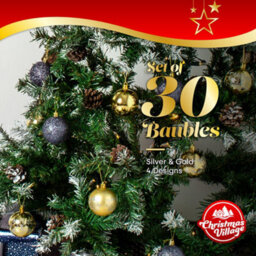 Christmas Village 30Pc Christmas Tree Bauble Set W/ Storage Bag In Gold & Silver Shiny Glitter & Patterned For Holiday Decoration - thumbnail 2