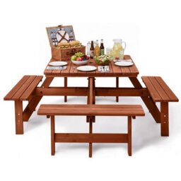 Dark Brown Garden Picnic Table With Bench & Parasol Hole, Pub Table Set, Square - thumbnail 1