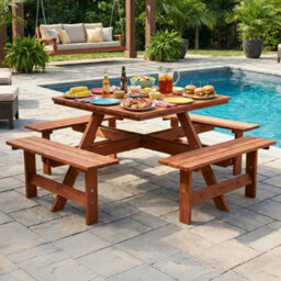 Dark Brown Garden Picnic Table With Bench & Parasol Hole, Pub Table Set, Square - thumbnail 4