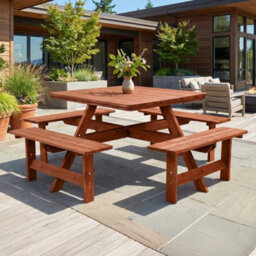 Dark Brown Garden Picnic Table With Bench & Parasol Hole, Pub Table Set, Square - thumbnail 3