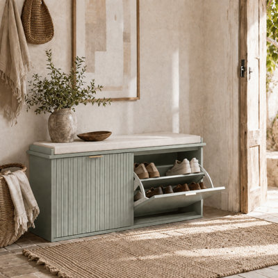 Wyld Haus Reraha Mint Green Wooden Shoe Bench With Beige Cushion And 10-Pair Storage (L104 X D26 X H47.5Cm) - image 1