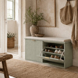 Wyld Haus Reraha Mint Green Wooden Shoe Bench With Beige Cushion And 10-Pair Storage (L104 X D26 X H47.5Cm) - thumbnail 2