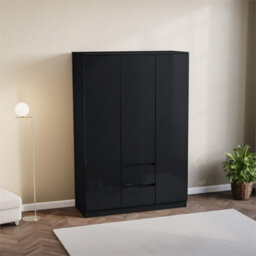 Gloss Wardrobe Cabinet Organizer Clothes Storage Mdf Bedroom Furniture 3 Door 2 Drawer, Black - thumbnail 1