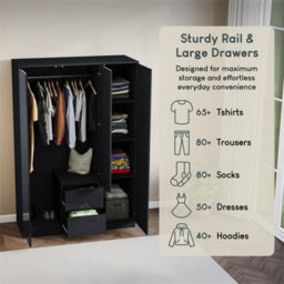 Gloss Wardrobe Cabinet Organizer Clothes Storage Mdf Bedroom Furniture 3 Door 2 Drawer, Black - thumbnail 2