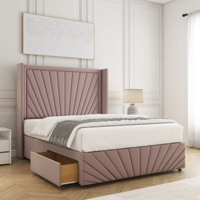Bsspoke Nola Divan Bed Set Pink Plush With 2 Drawers Footend 54Inch Headboard & Footboard No Mattress In 3Ft 4Ft 5Ft 4Ft6 6Ft - image 1