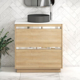 Royal Bathrooms Orion 800mm Natural Oak Floor Standing Plain White Countertop Vanity Unit 2 Drawer With Art Round Basin & Chrome Accent Trim - thumbnail 2