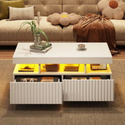 Matteo White Coffee Table With App-Controlled Led Lights & 2 Ribbed Drawers, 100X50X45Cm - thumbnail 5