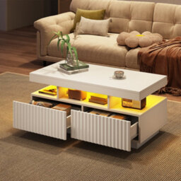 Matteo White Coffee Table With App-Controlled Led Lights & 2 Ribbed Drawers, 100X50X45Cm - thumbnail 6