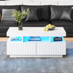Matteo White Coffee Table With App-Controlled Led Lights & 2 Ribbed Drawers, 100X50X45Cm - thumbnail 1