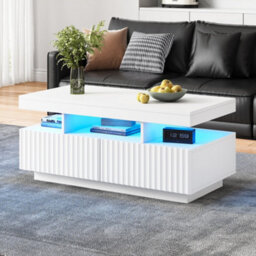 Matteo White Coffee Table With App-Controlled Led Lights & 2 Ribbed Drawers, 100X50X45Cm - thumbnail 2