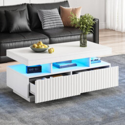 Matteo White Coffee Table With App-Controlled Led Lights & 2 Ribbed Drawers, 100X50X45Cm - thumbnail 3