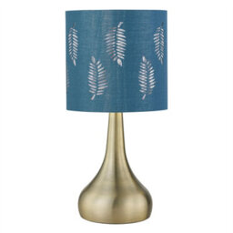 First Choice Lighting Romana - Antique Brass Touch Operated Table Lamp With Teal Fern Shade