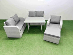 Fimous 6 Seater Outdoor Rattan Garden Furniture Set With Rectangular Dining Table Big Footstool Light Grey - thumbnail 1