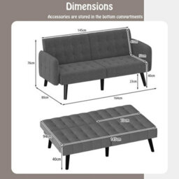 164 Cm Convertible Futon Sofa Bed Couch Loveseat W/ Backrests Grey - thumbnail 2