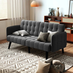 164 Cm Convertible Futon Sofa Bed Couch Loveseat W/ Backrests Grey - thumbnail 4