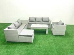 Fimous Wicker Pe Rattan Sofa Garden Furniture Set Oblong Coffee Table Armchair Big Stool Side Table Light Grey - thumbnail 1