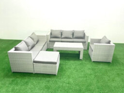 Fimous Wicker Pe Rattan Sofa Garden Furniture Set Oblong Coffee Table Armchair Big Stool Side Table Light Grey - thumbnail 2