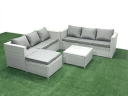 Fimous Rattan Garden Outdoor Furniture Set 7 Seater Rattan Garden Sofa Set Big Stool Light Grey - thumbnail 1