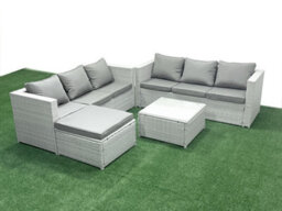 Fimous Rattan Garden Outdoor Furniture Set 7 Seater Rattan Garden Sofa Set Big Stool Light Grey - thumbnail 2