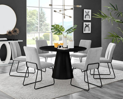 Furniturebox Uk Palma Black Semi-Gloss Round Pedestal Dining Table & 6 Light Grey Fabric Halley Black Leg Chairs - image 1