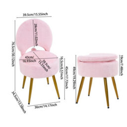 Living And Home Modern Pink Luxury Vanity Chair With Storage And Folding Backrest 43Cm W X 39.5Cm D X 76.5Cm H - thumbnail 5