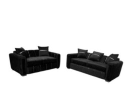 Monaco Luxe Black Velvet / 3+2 Seater Sofa Set With Footstool / With Chrome Detailing