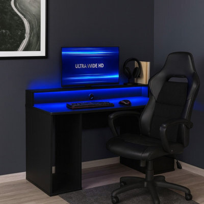 Ayo Gaming Desk Black Metal Computer Table With Rgb Led Lights Drawer Storage Modern Ergonomic Design - image 1