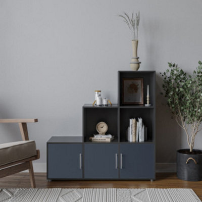 Urbn-Living Urbnliving 91Cm Height 6 Cube Step Black Storage Bookcase Shelf Unit Grey Wooden Door With Metal Handle - image 1
