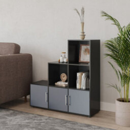 Urbn-Living Urbnliving 91Cm Height 6 Cube Step Black Storage Bookcase Shelf Unit Grey Wooden Door With Metal Handle - thumbnail 3
