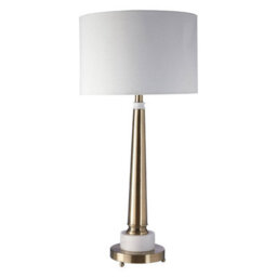 Orsina Classic Table Lamp With Antique Brass Tapered Stand, White Marble Base & Linen Shade, Elegant Iron Lighting - thumbnail 1