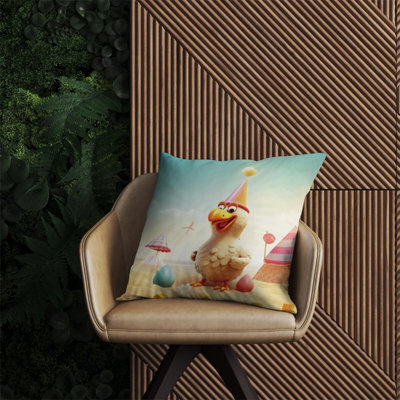 Warren Reed Designer Funky Chicken On A Beach Holiday Outdoor Cushion 60Cm X 60Cm