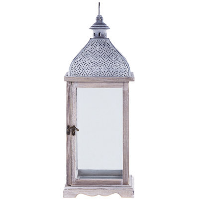 Beliani 47Cm White Iron Lantern With Glass Panels For Pillar Candles - Distressed Retro Decor Accent - image 1