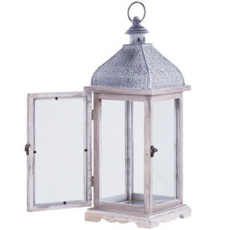 Beliani 47Cm White Iron Lantern With Glass Panels For Pillar Candles - Distressed Retro Decor Accent - thumbnail 4