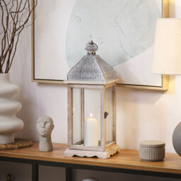 Beliani 47Cm White Iron Lantern With Glass Panels For Pillar Candles - Distressed Retro Decor Accent - thumbnail 2