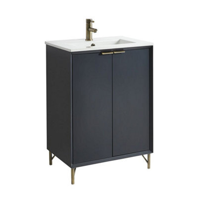 Homestylestore Anthracite 610mm Bathroom Vanity Unit With Basin And Aged Gold Finger Pull Handle - image 1
