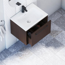 Royal Bathrooms Livora 600mm Walnut Woodgrain Wall Hung Bathroom Vanity Unit 1 Drawer With Stone Basin & Matt Black Handle - thumbnail 4