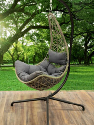 Sh&g Hanging Swing Chair - Basket Chair, Stand & Cushion Set - Grey Rattan & Steel With Grey Cushion - Signature Homes And Gardens - thumbnail 3