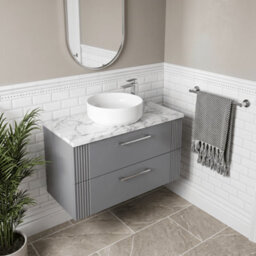 Balterley Belvide Partial Fluted 2 Drawer Wall Hung Vanity Unit With Carrera Marble Laminate Worktop - 800mm - Satin Grey - thumbnail 3