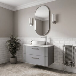 Balterley Belvide Partial Fluted 2 Drawer Wall Hung Vanity Unit With Carrera Marble Laminate Worktop - 800mm - Satin Grey - thumbnail 4