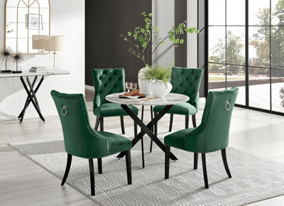 Furniturebox Uk Novara White Marble Black Leg Round Dining Table & 4 Green Belgravia Black Leg Chairs - image 1