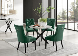 Furniturebox Uk Novara White Marble Black Leg Round Dining Table & 4 Green Belgravia Black Leg Chairs