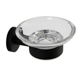 Homestylestore Round Wall Mounted Bathroom Glass Soap Dish With Black Holder - thumbnail 2