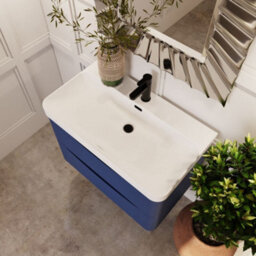 Balterley Dunwood Modern Bathroom Wall Hung 2 Drawer Vanity Unit & Ceramic Basin, Satin Blue, 800mm - thumbnail 3