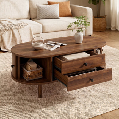 Matteo Modern Retro Oval Coffee Table In Walnut With Sliding Doors And 2 Drawers - image 1